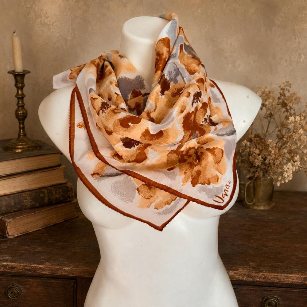 Vintage Vera Neumann Silk Scarf 1980s Floral Garden Sienna Gray 26x26